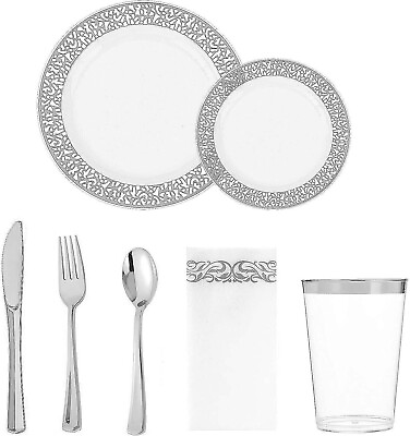 #ad 25 Guest Silver Plastic Plates with Disposable Plastic Silverware Dinner 175PCS