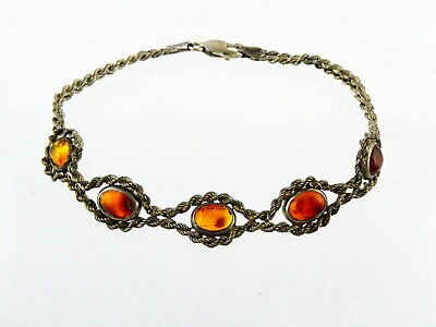#ad Vintage Sterling Silver Five Amber Cabochon Chain Bracelet 925 7.25 Inches 6.5g