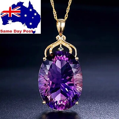 #ad Gold Plated Amethyst Glass Crystal Pendant Necklace Chain Dark Purple