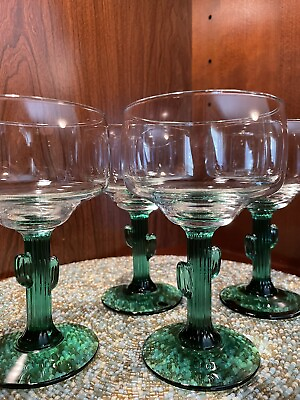 #ad Vintage Libbey Margarita Glasses Green Cactus Stems 6.5quot; SET OF 4