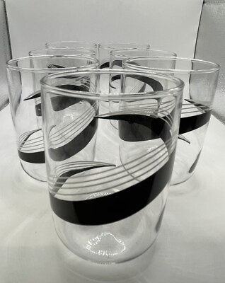 #ad VINTAGE LIBBEY GLASS BLACK AND WHITE SWIRL MCM RETRO SWANKY GLASSWARE SET OF 7