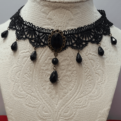 #ad Victorian Gothic Black Crochet Lace Gem Beaded Choker Elegant Lolita Goth Edgy