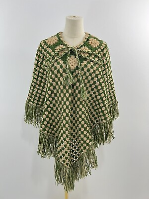 #ad Handmade Green Beige Granny Square Crochet Poncho Soft Chunky Shawl Hippie Boho