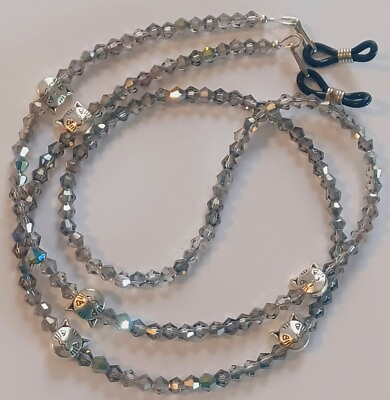 #ad NEW EYEGLASS CHAIN 27quot; GREY CRYSTAL CATS Beaded Holder for Glasses w CLIP B