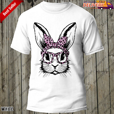 #ad Bunny Face With Leopard Glasses Girls Womens Happy Easter Day T Shirt Gift