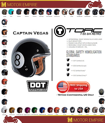 #ad TORC T 50 3 4 Open Face Retro Motorcycle Helmet Gloss Black 8 Ball DOT ECE