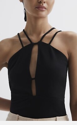 #ad REISS Black Top Rachel Size 10 Strappy Cross Open Front Sleeveless NWT