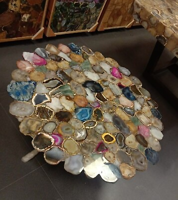 #ad Round Marble Coffee Table Top Multicolor Agate Epoxy Art Hallway Corner Table