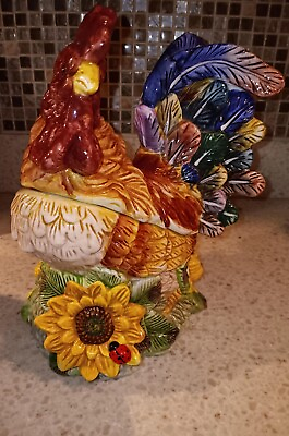 #ad Ceramic Rooster Multi color Cookie Jar 12quot; Tall Sunflower With Ladybug RARE