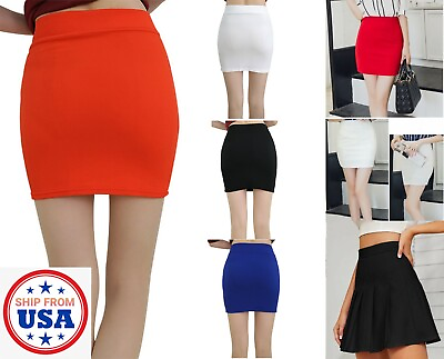 #ad Women Basic Mid Waist Pencil Bodycon Mini Skirt Pleated Stretch Office Dress