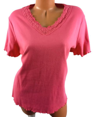 #ad White stag pink crochet trim v neck short sleeve stretch tee top 2X