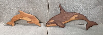 #ad Vintage Hand Carved Wood Dolphin Wall Hangings Set Of Two Aquatic Marine Life