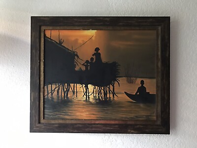 #ad Vintage Island Orange Sunset Oil Painting Water Huts amp; Boats Signed Framed 24x20