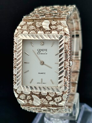 #ad Geneve Classic Sterling Silver Nugget Style Bracelet Quartz Watch Size 7.5quot;