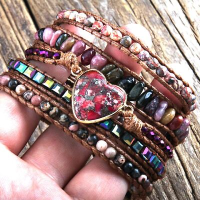 #ad Heart Charm Wrap Bracelet Stone Charms Bangles Multicolor Beads Women Bracelets