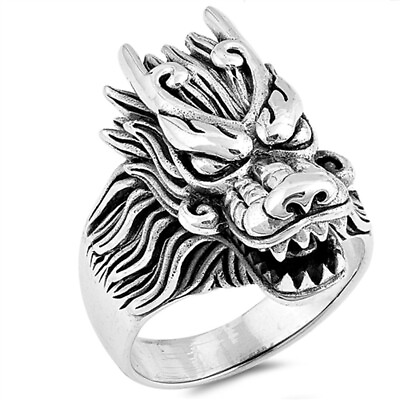 #ad Dragon Large Heavy Men#x27;s Ring Sterling Silver Chinese New Year Band Sizes 7 13