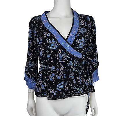 #ad Nannette Lepore Blouse Wrap Top Ophelia Blue Floral V Neck Half Sleeve Silk Sz 4