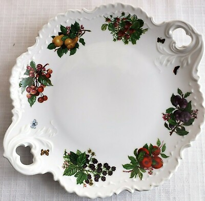#ad 12quot; Vintage Porcelain Fruit Rim Handled Cake Plate USA