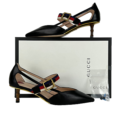 #ad Gucci NIB Auth MIS MATCHED 6 6.5 US 36 36.5 Black Sylvie Web Bamboo Heels Shoes
