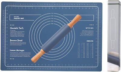 #ad Rolling Pin Pastry Mat Large Long Silicone Nonstick 16.5*2.75 Blue