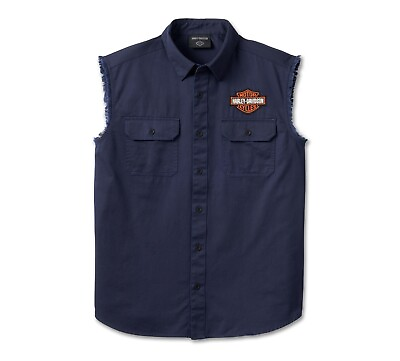 #ad Harley Davidson Men#x27;s Bar amp; Shield Blowout Cutoff Button Shirt Blue 96654 23V