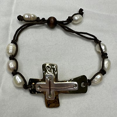 #ad Cross Bracelet Pearl Brown Rope Gold Silver Tone Slide Bead Religious Faith