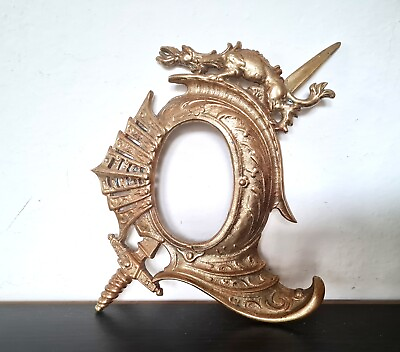 #ad Antique French picture photo frame Gothic knight medieval helmet Heavy brass