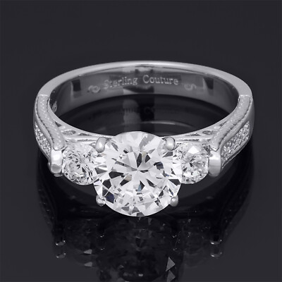 #ad Womens 3 Stone Round Cut 3.30 ct Bridal Engagement Ring Sterling Silver Size 5 9