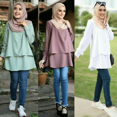 #ad Muslim Women Ladies Fashion Blouse Tops Long Sleeve Casual Loose T shirt Islamic