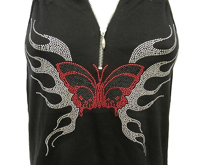 #ad Butterfly Rhinestone Bling 14 Zipper V Neck Black Tank Top Shirt