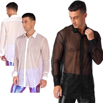 #ad Men See Through Mesh Shirt Fashion Long Sleeve Button Down Blouse Tops Clubwear