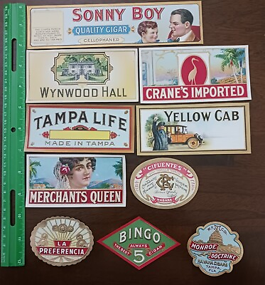 #ad CIGAR BOX LABELS LOT OF 10 CIGAR END LABELS USED #090
