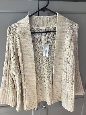 #ad Chicos Acrylic Blend 3 4 Sleeve Metallic Open Cable Cardigan Size1 NWT Ivory