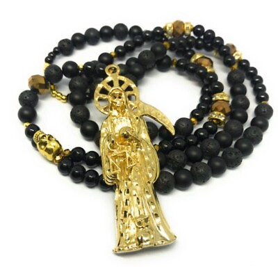 #ad Extra large 34” Lava stone Holy Death’s rosary 3” pendant piedras de Lava