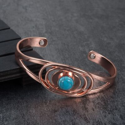 #ad Blue Oval Stone Charms Bangles Vintage Magnetic Copper Open Cuff Bangle 1pcs