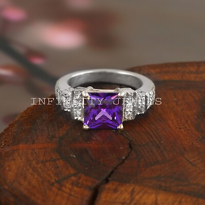 #ad 925 Sterling Silver Square Purple Zirconia Gemstone Wedding Ring For Men Women