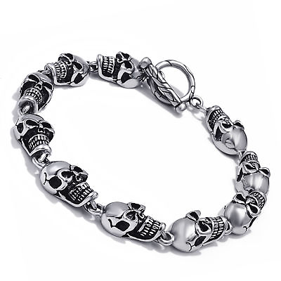 #ad Men#x27;s Silver Skull Ghosts Stainless Steel Chain Bracelet Biker Jewelry 9quot; inch