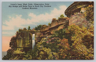 #ad Lover#x27;s Leap High Falls Sky Bridge Lookout Mountain TN Vintage Linen Postcard