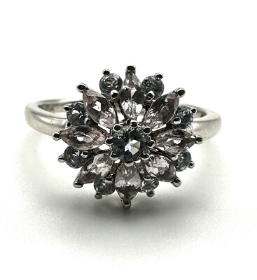 #ad 9ct White Gold Pink Sapphire Aquamarine Ring 9K White Gold Cluster Gemstone Ring
