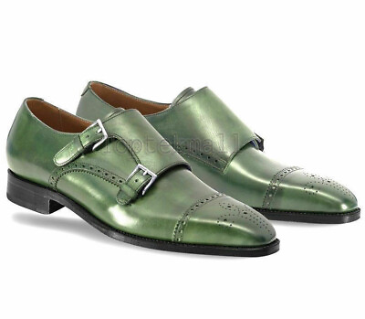 #ad Handmade Men#x27;s Leather Green Monk Brogue Cap Toe Monk straps Shoes 881