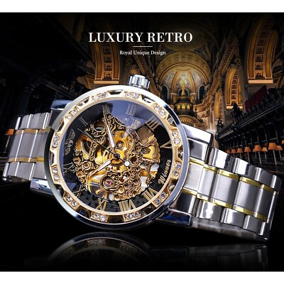 #ad luxury men#x27;s stainless steel golden bracelet automatic winding mechanical watch