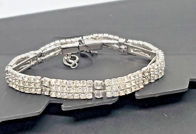 #ad Vintage Weiss Signed 3 Row Clear Rhinestone Bracelet Safety Chain 7quot; Silver Tone