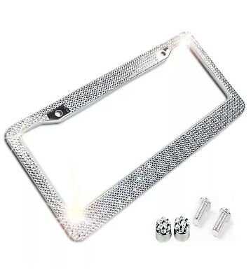#ad 12 Rows Clear White Bling CRYSTAL Rhinestone METAL License Plate FrameFree Cap