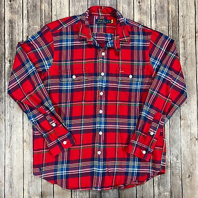 #ad Polo Ralph Lauren Flannel Long Sleeve Button Shirt Large Mens Red Plaid Pony