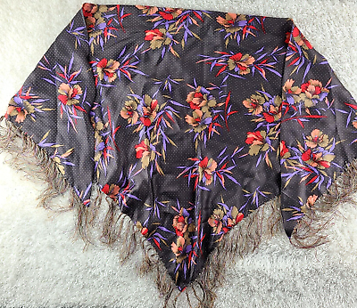 #ad Brown Satin Gold Polka Dot Triangle Scarf 60quot; X 25quot; Floral Print Tassels E
