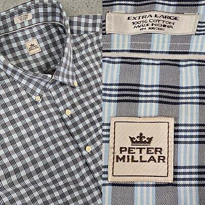 #ad Peter Millar Shirt Mens XL Short Sleeve Blue Check Pocket Button Up