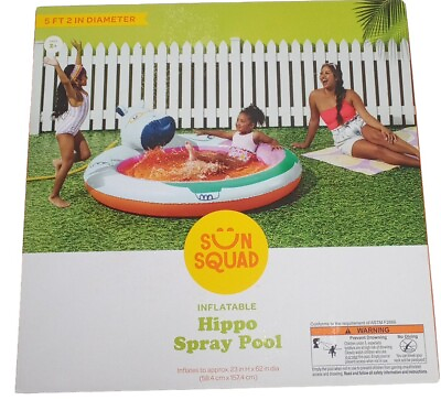 #ad New Sun Squad Inflatable Kids Hippo Spray Swimming Pool 5#x27; 2quot; Diameter 23quot; Deep