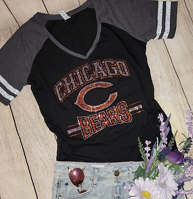 #ad Chicago Bears New Rhinestone Womens VNeck Tshirt Sizes SM 4X Womens sizing