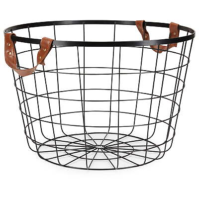 #ad Large Round Wire Basket with Sturdy Handles Black Metal Durable