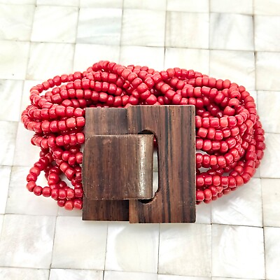 #ad Red Multilayer Seed Beaded Bracelet Wooden Closer The Vintage Strand Lot #3051